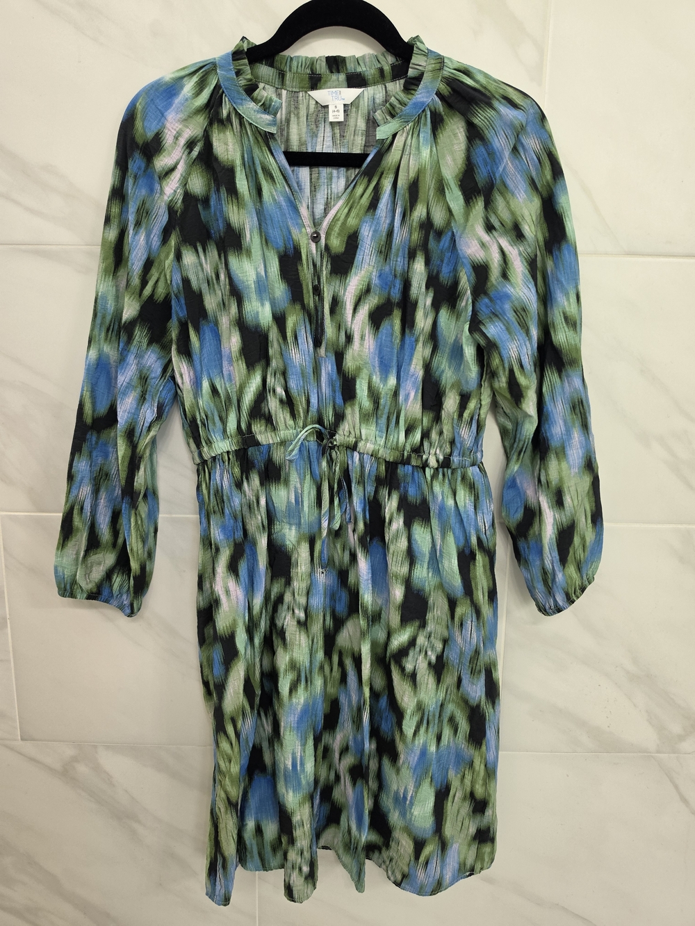 Time and Tru Green and Blue Printed Drawstring Waist Mini Dress